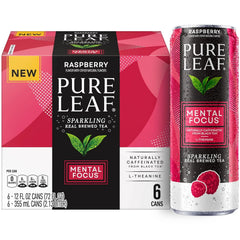 Pure Leaf Mental Focus Sparkling Real Brewed Iced Tea, Raspberry, 12 fl oz Cans (6 Pack), Caffeine, L Theanine, Zero Sugar, Zero Calories