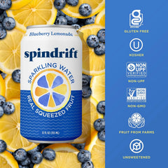 Spindrift Sparkling Water, Blueberry Lemonade Flavored, Made with Real Squeezed Fruit, 12 Fl Oz Cans, Pack of 24 (Only 11 Calories per Can)
