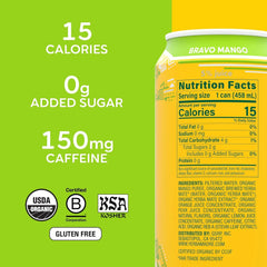 Yerba Madre Organic Yerba Mate, Low Sugar Bravo Mango, 150mg Natural Caffeine, Energy Drink Alternative, No Jitters or Crash, 15.5 Oz (Pack of 12)