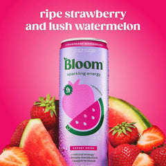 Bloom Nutrition Sparkling Energy Drink - Natural Caffeine, Zero Sugar, 180mg Caffeine - Antioxidant-Rich with Green Coffee Bean, Green Tea Extract, Prebiotics - Strawberry Watermelon - 12oz 12 Pack