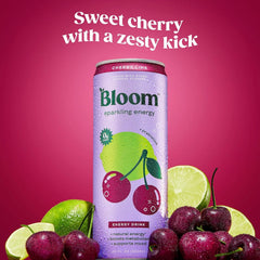 Bloom Nutrition Sparkling Energy Drink for Focus, Natural Caffeine, Zero Sugar, 180mg Caffeine, Antioxidant-Rich with Green Coffee Bean, Green Tea Extract, & Prebiotics, Cherry Lime 12oz (Pack of 24)