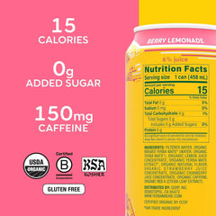 Yerba Madre Organic Yerba Mate, Low Sugar Berry Lemonade, 150mg Natural Caffeine, Energy Drink Alternative, No Jitters or Crash, 15.5 Oz (Pack of 12)