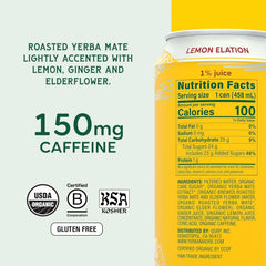 Yerba Madre Organic Yerba Mate, Lemon Elation, 150mg Natural Caffeine, Energy Drink Alternative, No Jitters or Crash, 15.5 Oz Cans (Pack of 12)