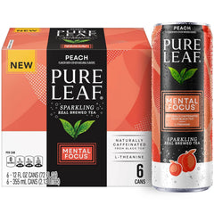 Pure Leaf Mental Focus Sparkling Real Brewed Iced Tea, Peach, 12 fl oz Cans (6 Pack), Caffeine, L Theanine, Zero Sugar, Zero Calories