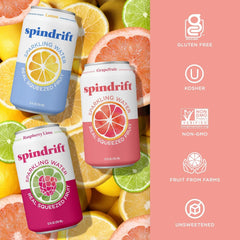 Spindrift Sparkling Water, Core 3 Flavor Variety Pack, Made with Real Squeezed Fruit, 12 Fl Oz Cans, Pack of 24