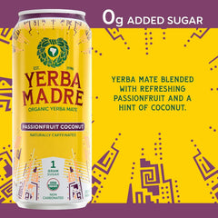 Yerba Madre Organic Yerba Mate, Energy Drink Alternative, Passionfruit Coconut, 150mg Plant Based Caffeine, Smooth Energy & Focus, No Jitters or Crash, 15.5oz Cans (Pack of 12)