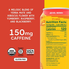 Yerba Madre Organic Yerba Mate, Revel Berry, 150mg Natural Caffeine, Energy Drink Alternative, No Jitters or Crash, 15.5 Oz Cans (Pack of 12)