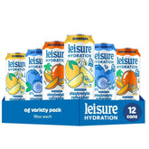 Leisure Hydration Non-Carbonated Electrolyte Refresher, Variety Pack - Low Sugar Nutrient Enhanced Water Beverage - Get The Best Hydration Packed w/ Magnesium & Ashwagandha For Mood & Stress Support, Non-GMO, 16 oz (12-Cans)