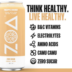 ZOA Zero Sugar Energy Drinks - Pineapple Coconut | Healthy Energy Formula with Natural Caffeine, Daily Vitamin C, Essential B-Vitamins | Gluten-Free, Keto Friendly | 16 Ounce Cans (Pack Of 12)