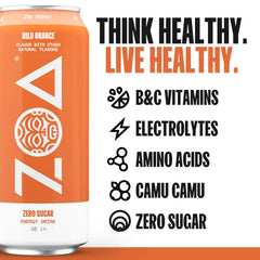 ZOA Zero Sugar Energy Drinks - Wild Orange | Healthy Energy Formula with Natural Caffeine, Daily Vitamin C, Essential B-Vitamins | Gluten-Free, Keto Friendly | 16 Ounce Cans (Pack Of 12)