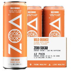 ZOA Zero Sugar Energy Drinks - Wild Orange | Healthy Energy Formula with Natural Caffeine, Daily Vitamin C, Essential B-Vitamins | Gluten-Free, Keto Friendly | 12 Ounce Cans (Pack Of 12)
