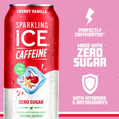 Sparkling Ice Caffeine Cherry Vanilla Sparkling Water with Caffeine, Zero Sugar, with Antioxidants and Vitamins,16 fl oz Cans (Pack Of 12)