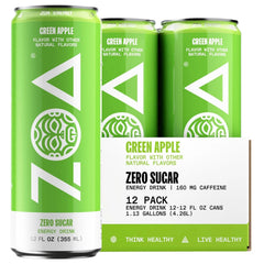 ZOA GREEN APPLE Sugar Free, Low Calorie Energy Drinks | Healthy B & C Vitamins | Electrolytes for Hydration | 160mg Caffeine from Green Tea | 12 Fl Oz Cans (12 Pack)