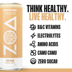 ZOA Zero Sugar Energy Drinks - Pineapple Coconut | Healthy Energy Formula with Natural Caffeine, Daily Vitamin C, Essential B-Vitamins | Gluten-Free, Keto Friendly | 12 Ounce Cans (Pack Of 12)