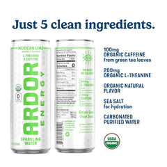 ARDOR ENERGY Sparkling Water with 100mg Natural Caffeine & 200mg L-Theanine from Organic Green Tea for Smooth Energy & Focus | Healthy Energy Drink | No Sugar, Zero Calories, Vegan, Gluten-Free | Tropical Variety (Pack of 12, 12oz cans)