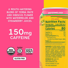 Yerba Madre Organic Yerba Mate, Energy Drink Alternative, Watermelody, 150mg Plant Based Caffeine, Smooth Energy & Focus, No Jitters or Crash, 15.5 Oz Cans (Pack of 12)