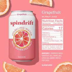 Spindrift Sparkling Water, Grapefruit Flavored, Made with Real Squeezed Fruit, (Only 15 Calories per Can), 12 Fl Oz (Pack of 24)