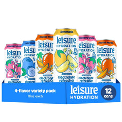 Leisure Hydration Non-Carbonated Electrolyte Refresher, Four Flavor Variety Pack - Low Sugar Nutrient Enhanced Water Beverage - Get The Best Hydration Packed w/ Magnesium & Ashwagandha For Mood & Stress Support, Non-GMO, 16 oz (12-Cans)
