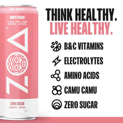 ZOA Zero Sugar Energy Drinks - White Peach | Healthy Energy Formula with Natural Caffeine, Daily Vitamin C, Essential B-Vitamins | Gluten-Free, Keto Friendly | 12 Ounce Cans (Pack Of 12)