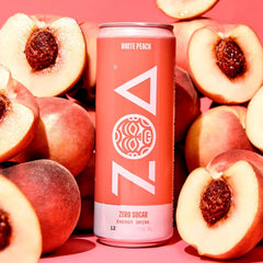 ZOA Zero Sugar Energy Drinks - White Peach | Healthy Energy Formula with Natural Caffeine, Daily Vitamin C, Essential B-Vitamins | Gluten-Free, Keto Friendly | 12 Ounce Cans (Pack Of 12)