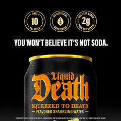 Liquid Death Soda-Flavored Sparkling Water - Squeezed To Death (Classic Orange Soda), Less Sugar*, Huge Flavor, No Caffeine, No Artificial Sweeteners, 12 Fl Oz (Pack of 12)