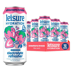 Leisure Hydration Non-Carbonated Electrolyte Refresher, Strawberry Breeze - Low Sugar Nutrient Enhanced Water Beverage - Get The Best Hydration Packed w/ Magnesium & Ashwagandha For Mood & Stress Support, Non-GMO, 16 oz (12-Cans)