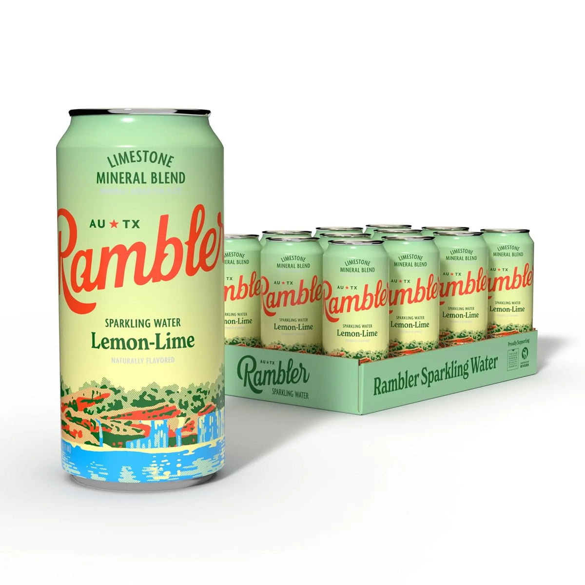 AUTX RAMBLER Sparkling Water, Texas Limestone Mineral Blend, Lemon-Lime Flavor, 16-Ounce Tallboy Cans, 12-Pack
