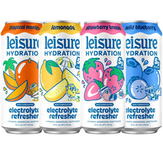 Leisure Hydration Non-Carbonated Electrolyte Refresher, Four Flavor Variety Pack - Low Sugar Nutrient Enhanced Water Beverage - Get The Best Hydration Packed w/ Magnesium & Ashwagandha For Mood & Stress Support, Non-GMO, 16 oz (12-Cans)