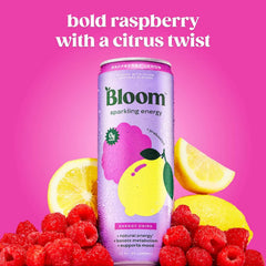Bloom Nutrition Sparkling Energy Drink for Focus, Natural Caffeine, Zero Sugar, 180mg Caffeine, Antioxidant-Rich with Green Coffee Bean, Green Tea Extract, & Prebiotics, Raspberry Lemon 12oz 12 Pack
