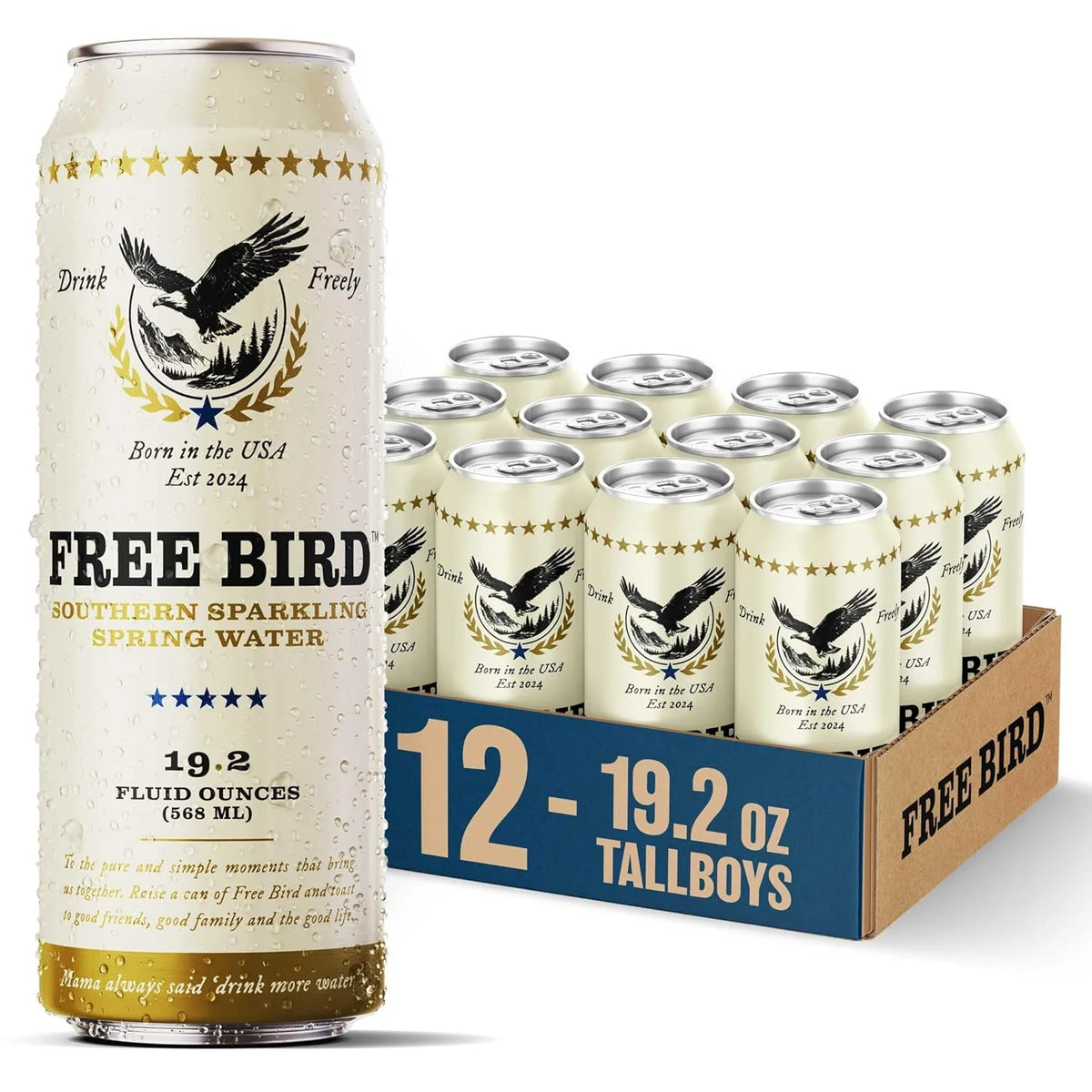 Free Bird, Sparkling Southern Spring Water, 12-Pack (19.2oz Tallboy Cans) – Unflavored Carbonated Zero Sugar, Crisp & Bubbly, Blue Ridge Mountain Water