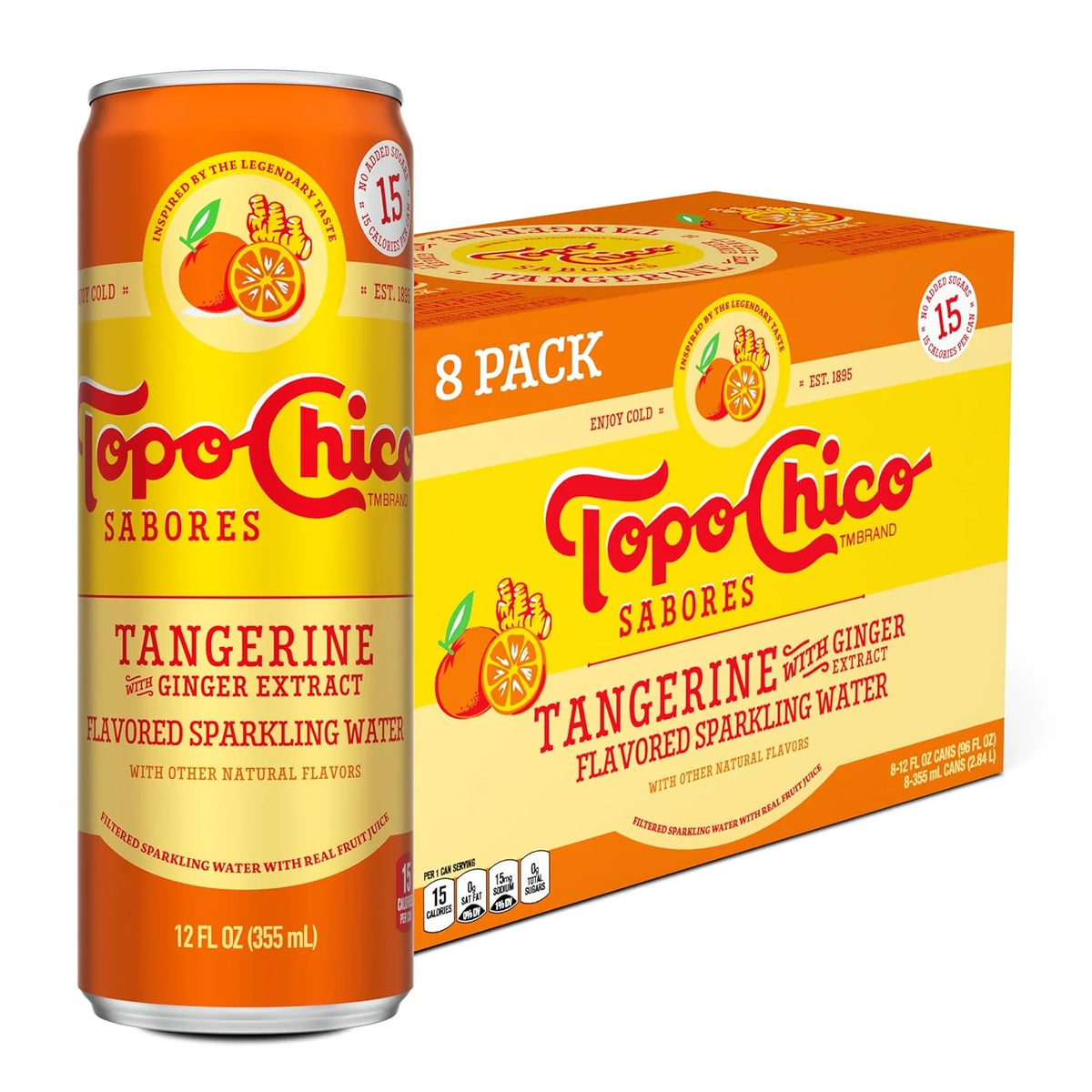 Topo Chico Sabores Tangerine with Ginger Extract Flavored Sparkling Water, 12 fl oz Portable Cans, 8 Pack