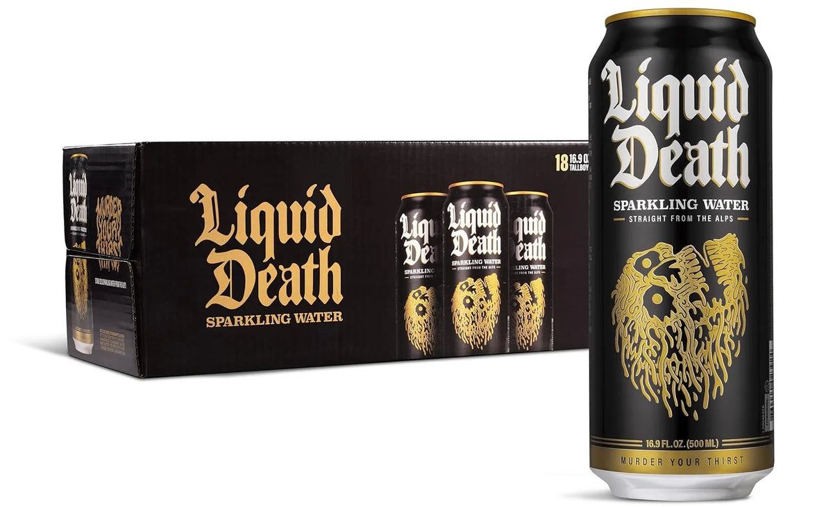Liquid Death, Sparkling Mountain Water, 18-Pack (Tallboy Size 16.9oz Cans), Real Mountain Source, Natural Minerals & Electrolytes