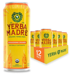 Yerba Madre Organic Yerba Mate, Awakening Orange, 150mg Natural Caffeine, Energy Drink Alternative, No Jitters or Crash, 15.5 Oz Cans (Pack of 12)