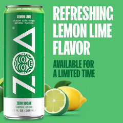 ZOA Energy Sugar Free Energy Drinks With Electrolytes For Hydration, Lemon Lime - 12 Fl Oz (12-Pack)