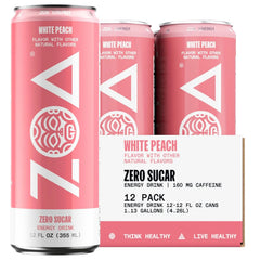 ZOA Zero Sugar Energy Drinks - White Peach | Healthy Energy Formula with Natural Caffeine, Daily Vitamin C, Essential B-Vitamins | Gluten-Free, Keto Friendly | 12 Ounce Cans (Pack Of 12)