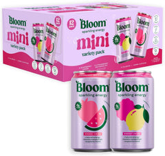 Bloom Nutrition Sparkling Energy Drink Minis, Raspberry Lemon & Strawberry Watermelon, 7.5oz 12 Pack