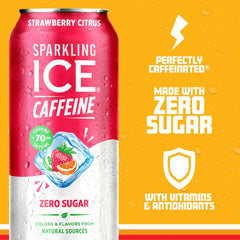 Sparkling Ice Caffeine Strawberry Citrus Sparkling Water with Caffeine, Zero Sugar, with Antioxidants and Vitamins,16 fl oz Cans (Pack Of 12)