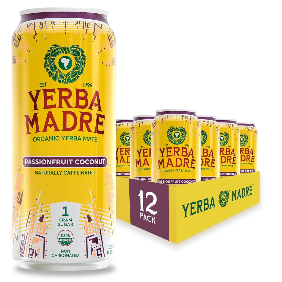 Yerba Madre Organic Yerba Mate, Energy Drink Alternative, Passionfruit Coconut, 150mg Plant Based Caffeine, Smooth Energy & Focus, No Jitters or Crash, 15.5oz Cans (Pack of 12)