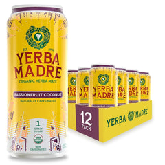 Yerba Madre Organic Yerba Mate, Energy Drink Alternative, Passionfruit Coconut, 150mg Plant Based Caffeine, Smooth Energy & Focus, No Jitters or Crash, 15.5oz Cans (Pack of 12)