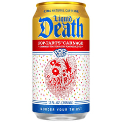 Liquid Death Iced Tea, Pop-Tarts™ Carnage (Pop-Tarts® Frosted Strawberry Toaster Pastry Flavored Black Tea), Less Sugar*, Boost of Caffeine, B Vitamins, No Artificial Sweeteners, 12 Fl Oz (Pack of 12)
