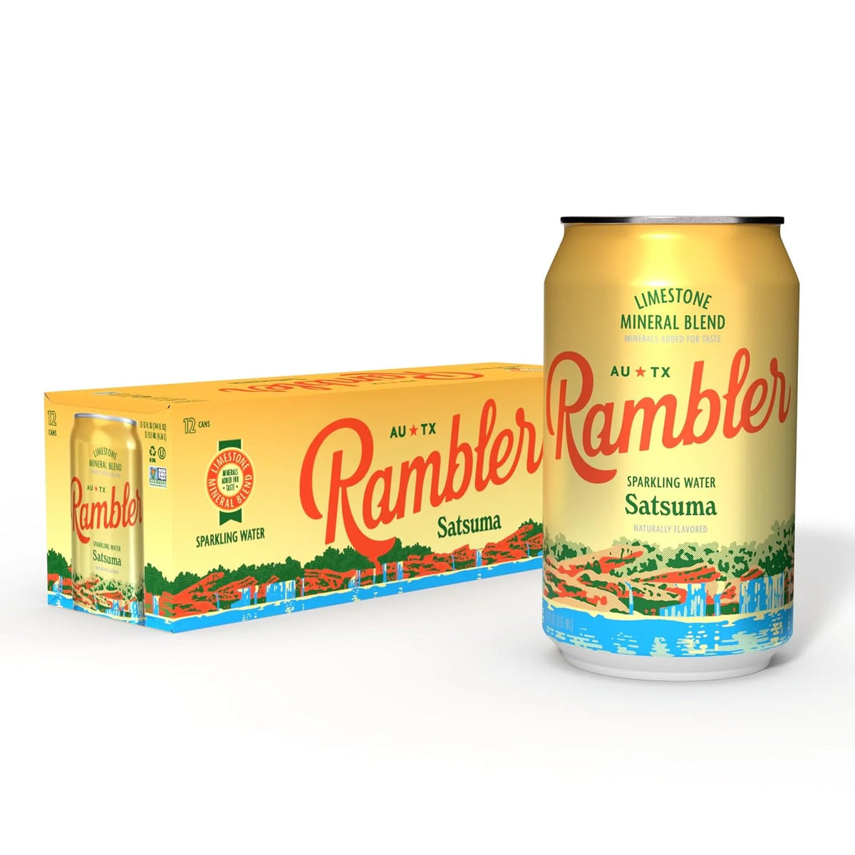 AUTX RAMBLER Sparkling Water, Texas Limestone Mineral Blend, Satsuma Flavor, 12-Ounce Cans, 12-Pack