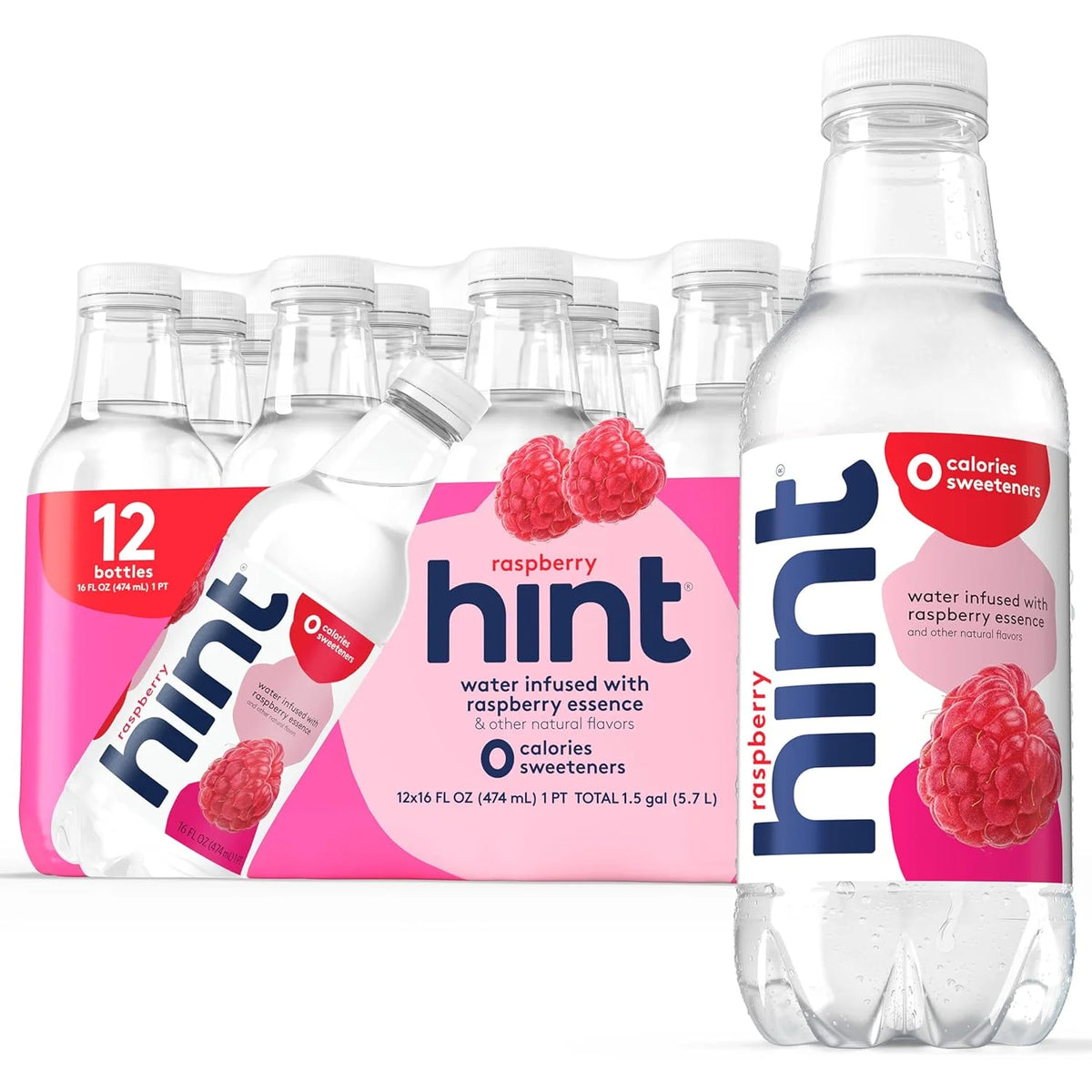 Hint Flavored Bottled Water, Raspberry - Purified Water Beverages with Zero Calories, Natural Flavors, and Sugar Free - 16 Fl Oz (Pack of 12)