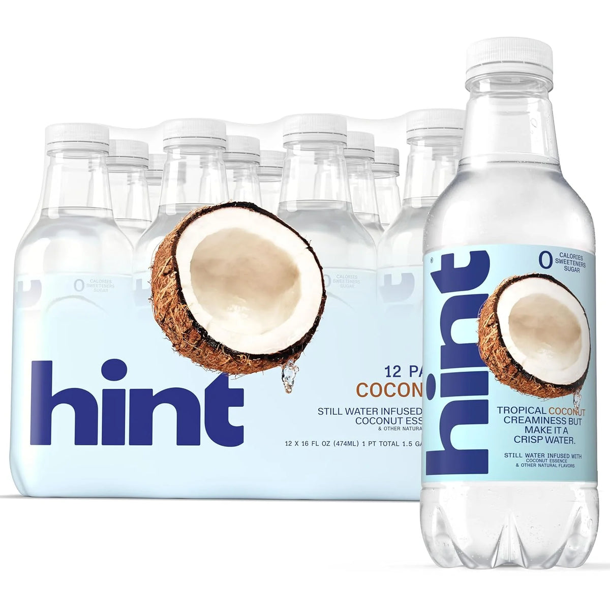 Hint Fruit-Infused Bottled Water, Coconut - Sugar Free Flavored Water with Zero Calories, Naturally Flavored, and No Artificial Sweeteners - 16 Fl Oz (Pack of 12)