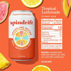 Spindrift Sparkling Water, Tropical Lemonade Flavored, Made with Real Squeezed Fruit, 12 Fl OZ Cans, Pack of 24 (Only 13 Calories per Can)