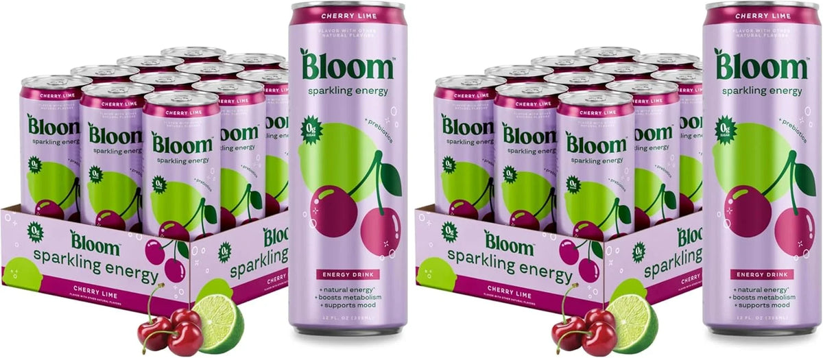 Bloom Nutrition Sparkling Energy Drink for Focus, Natural Caffeine, Zero Sugar, 180mg Caffeine, Antioxidant-Rich with Green Coffee Bean, Green Tea Extract, & Prebiotics, Cherry Lime 12oz (Pack of 24)