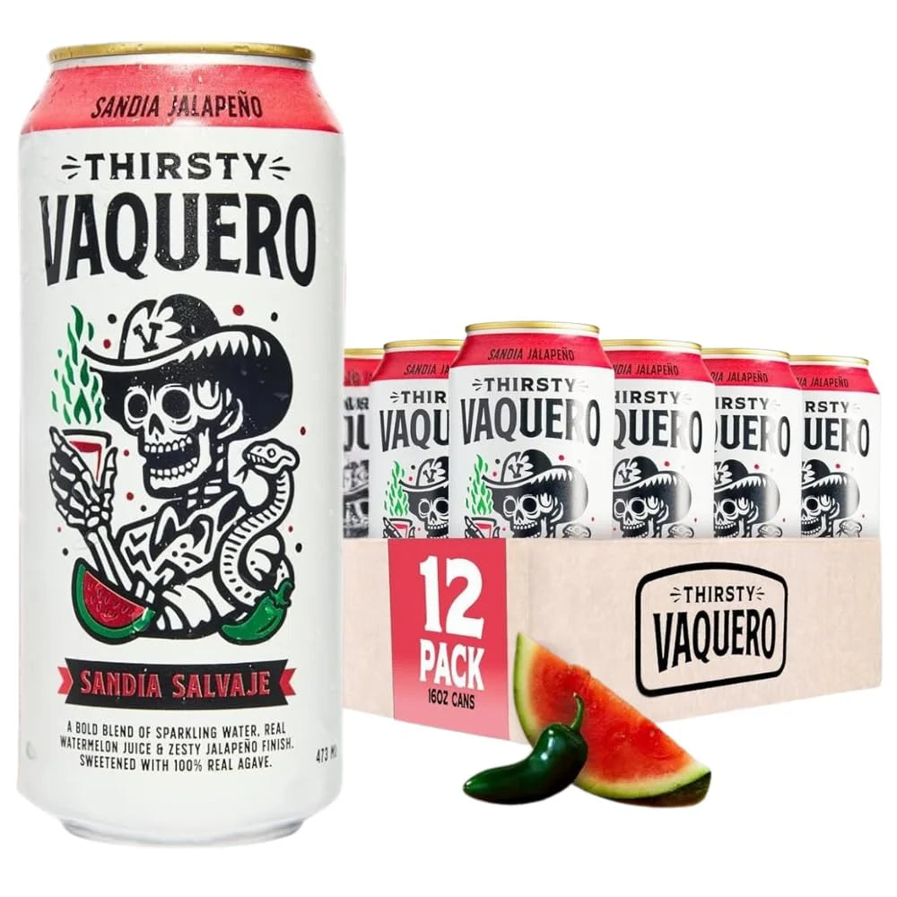 Thirsty Vaquero, Watermelon Jalapeño Flavored soda (Sandia Salvaje), Mexican-inspired soda, Real Fruit Juice & Savory Spices, Made with Organic Agave, Low Calorie, Natural Juice, 16 oz Cans, 12-Pack