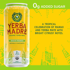 Yerba Madre Organic Yerba Mate, Low Sugar Bravo Mango, 150mg Natural Caffeine, Energy Drink Alternative, No Jitters or Crash, 15.5 Oz (Pack of 12)