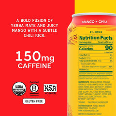 Yerba Madre Organic Yerba Mate, Energy Drink Alternative, Limited Edition Mango Fuego, 150mg Plant Based Caffeine, Smooth Energy & Focus, No Jitters or Crash, 15.5oz Cans (Pack of 12)