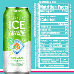 Sparkling Ice Caffeine Variety Pack, Flavored Sparkling Water, Zero Sugar, with Vitamins and Antioxidants, 16 fl oz, 12 count (Citrus Twist, Black Raspberry, Blue Raspberry, Strawberry Citrus)