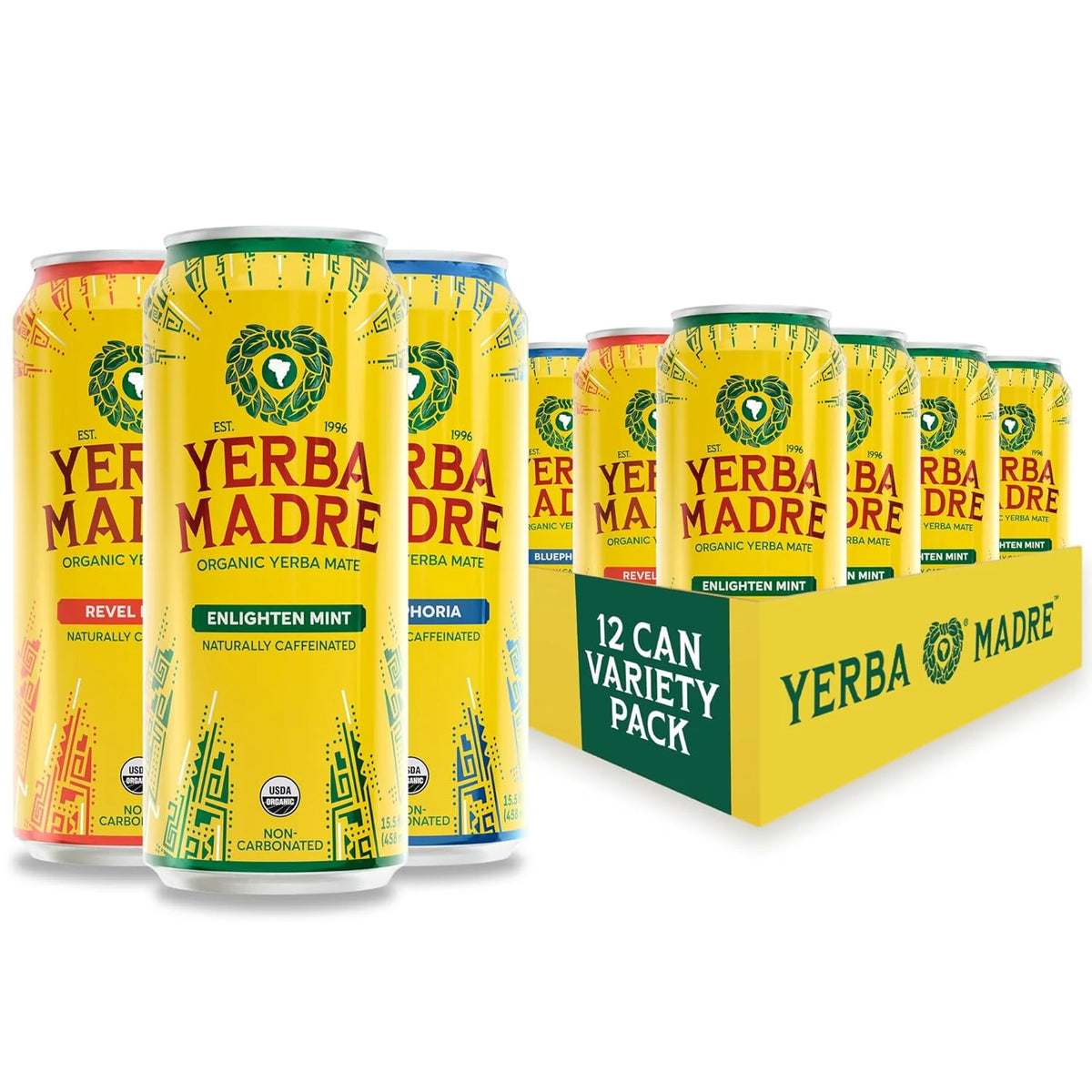Yerba Madre Organic Yerba Mate, Best Sellers Variety Pack, Energy Drink Alternative, 150mg Plant Based Caffeine, Smooth Energy & Focus, No Jitters or Crash, 15.5oz Cans (Pack of 12)